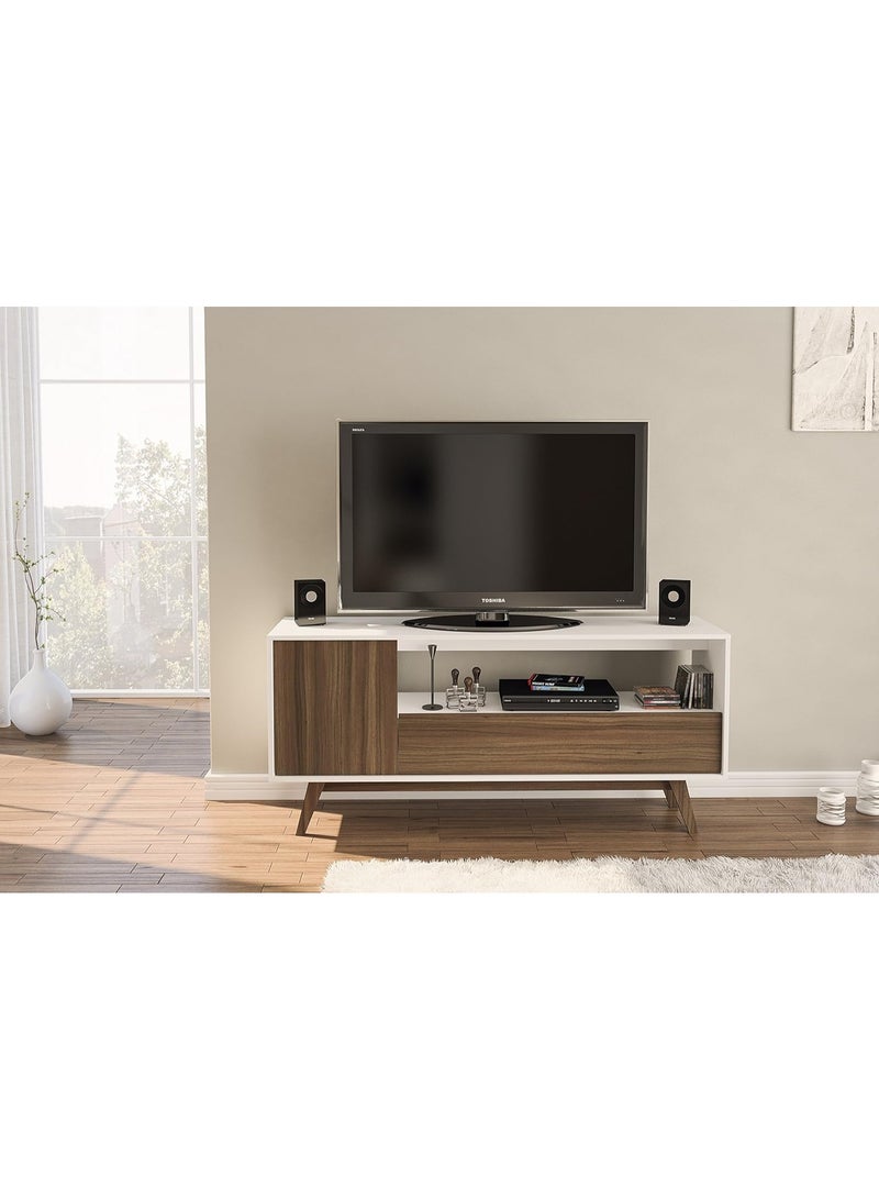 Polifurniture Porto Seguro 59" TV Stand, One Door & One Drawer, White/Brown Walnut - Image 5